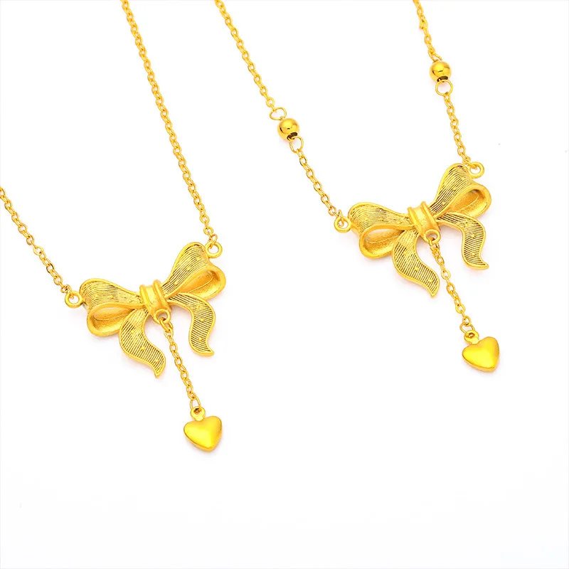 Vietnamese Sand Gold O Bead Necklace Wedding Heart Tassel Bow Pendant Perfect Gift for Girlfriend