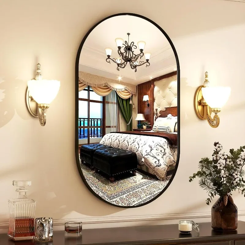 

20"x28"Oval Bathroom Mirror Wall Mounted Chic Brushed Metal Frame Hang Vertically & Horizontally Perfect Modern Decor