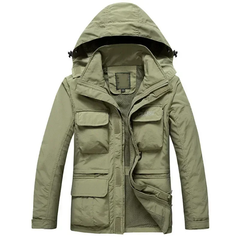

Men's Tactical Jacket Spring Autumn Removable Sleeve Vest Jackets Waterproof Hunting Coat Multi Pockets Hooded Windbreaker 4XL