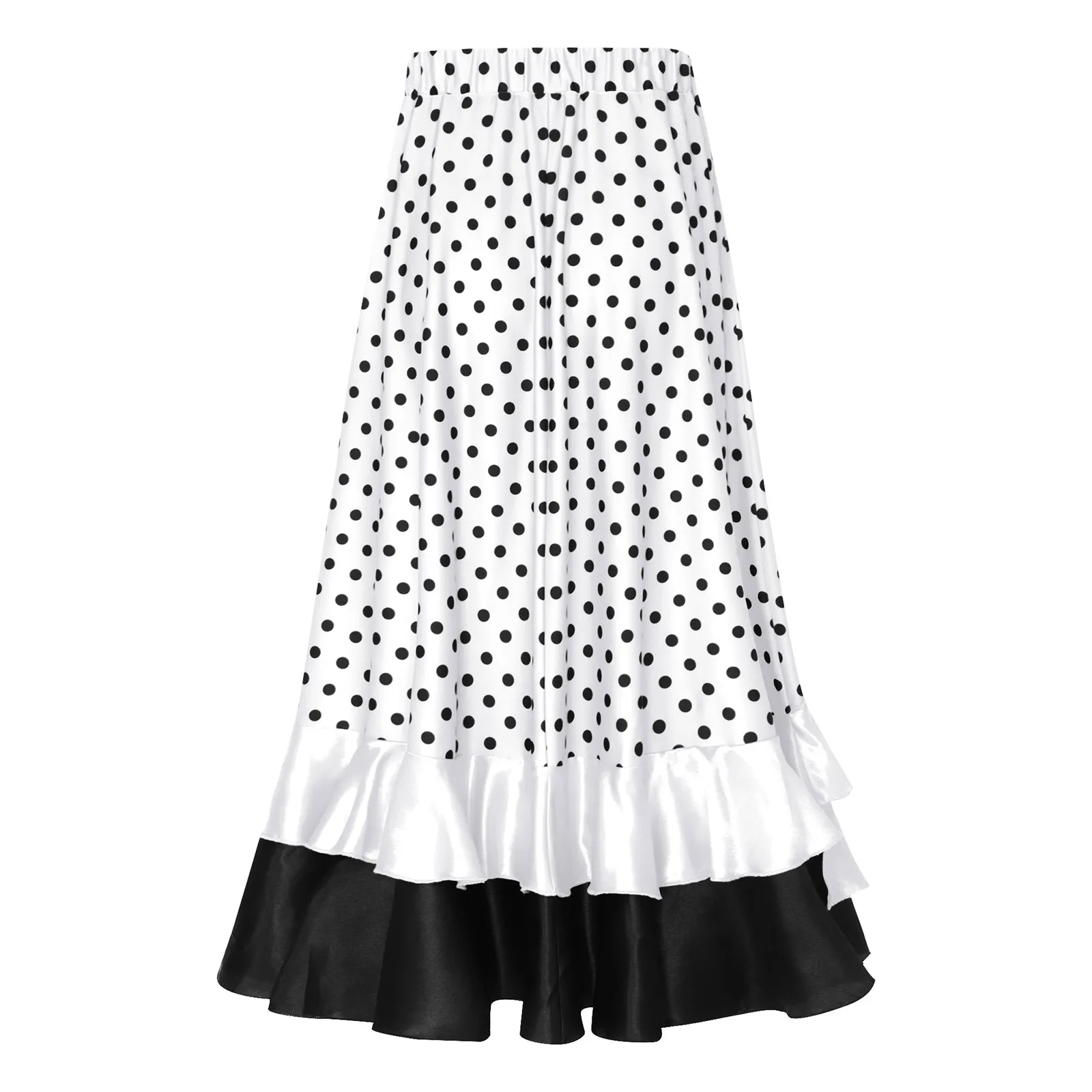 Girls Spanish Flamenco Polka-Dot Skirt Kids Elastic Waist Layered Ruffled Skirt for Bullfight Performance Halloween Costume