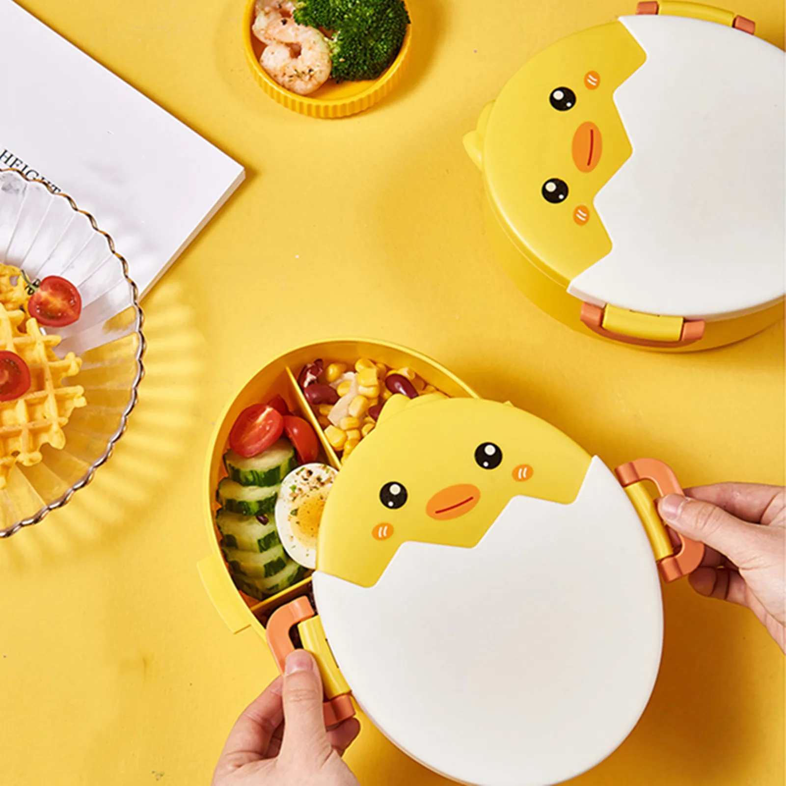 Fiambrera a prueba de fugas para niños, bolsa de almuerzo con tenedor, cuchara, 3 compartimentos para microondas