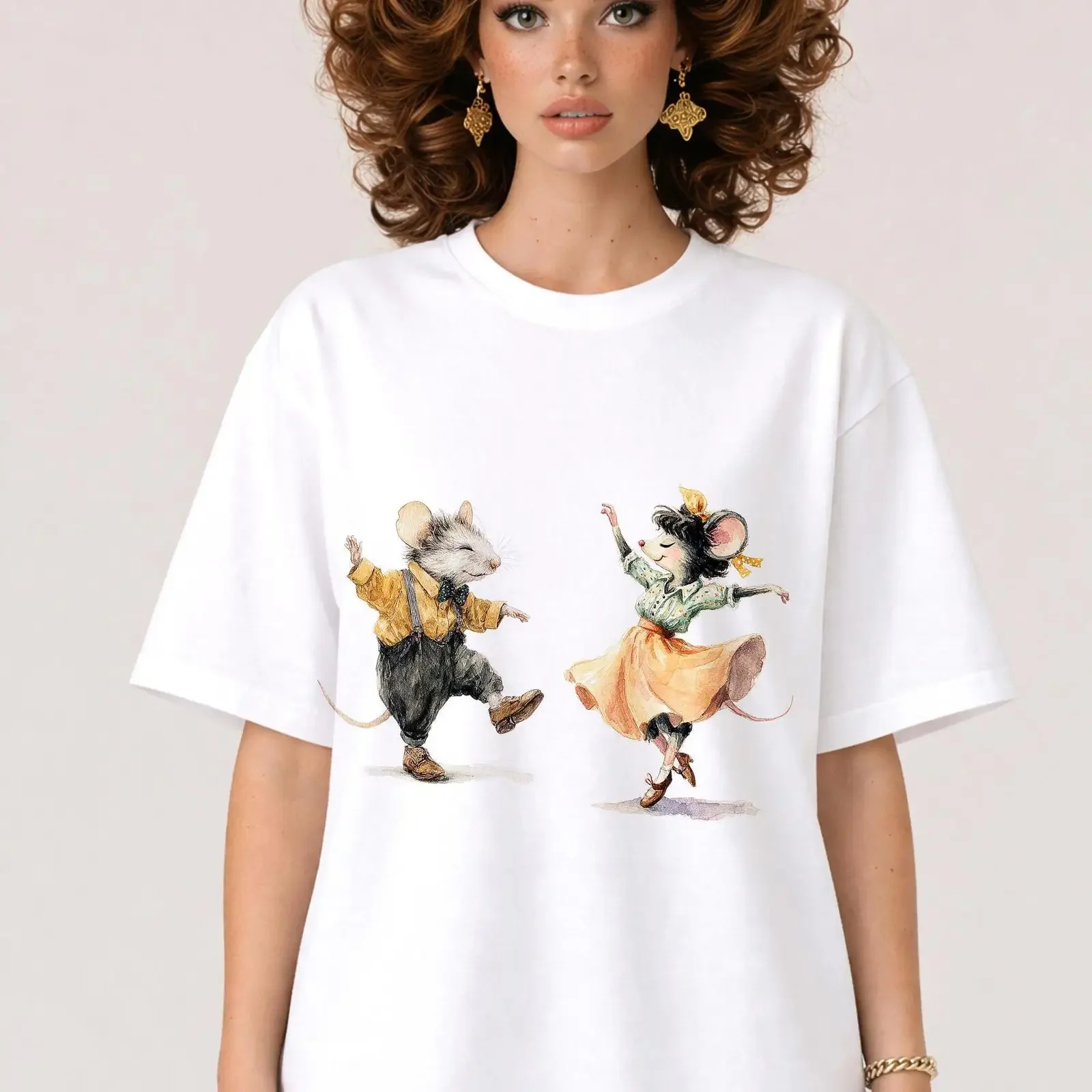 Oversized Retro Dancing Couple Mouse T Shirt Funny Animal Whimsical Vintage Illustration Lover  vintage Washed designer clothes