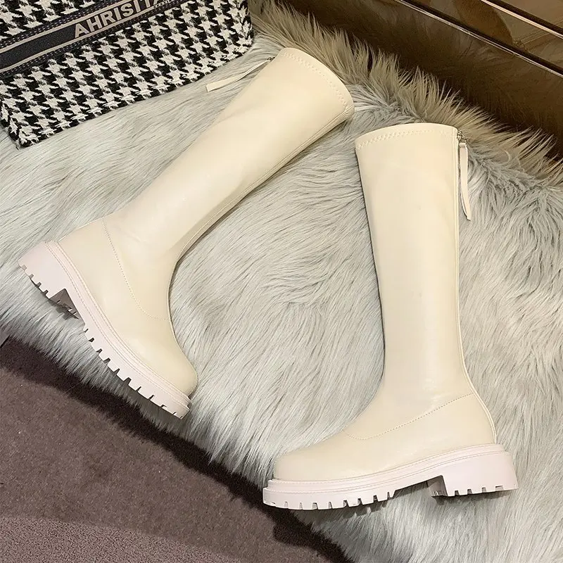 Women Platform Boots 2022 Spring Gothic Shoes Long Boots Women Fashion Black Beige Mid Calf Boots Round Toe Slip on Riding Boots