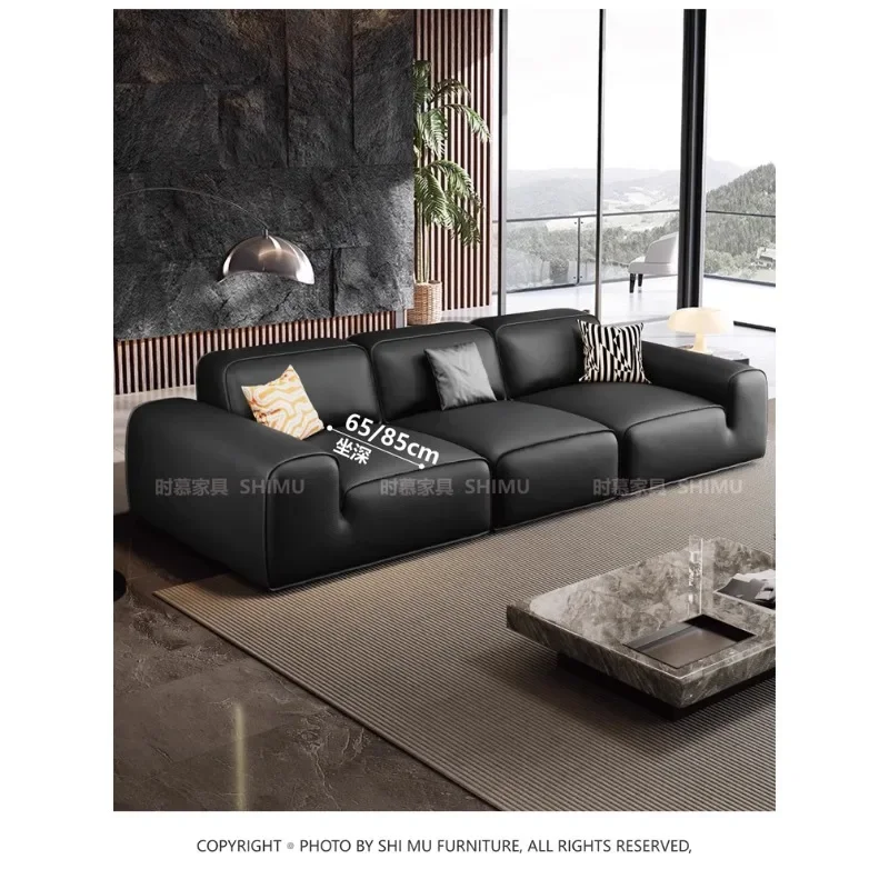 Italian big black cow sofa full leather modern living room straight row middle and ancient style first layer cowhide black tofu