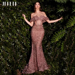 JEHETH Pink Elegant V-Neck Sequins Off Shoulder Evening Dress Mermaid for Women Sexy Formal Backless Illusion Prom Party Gown