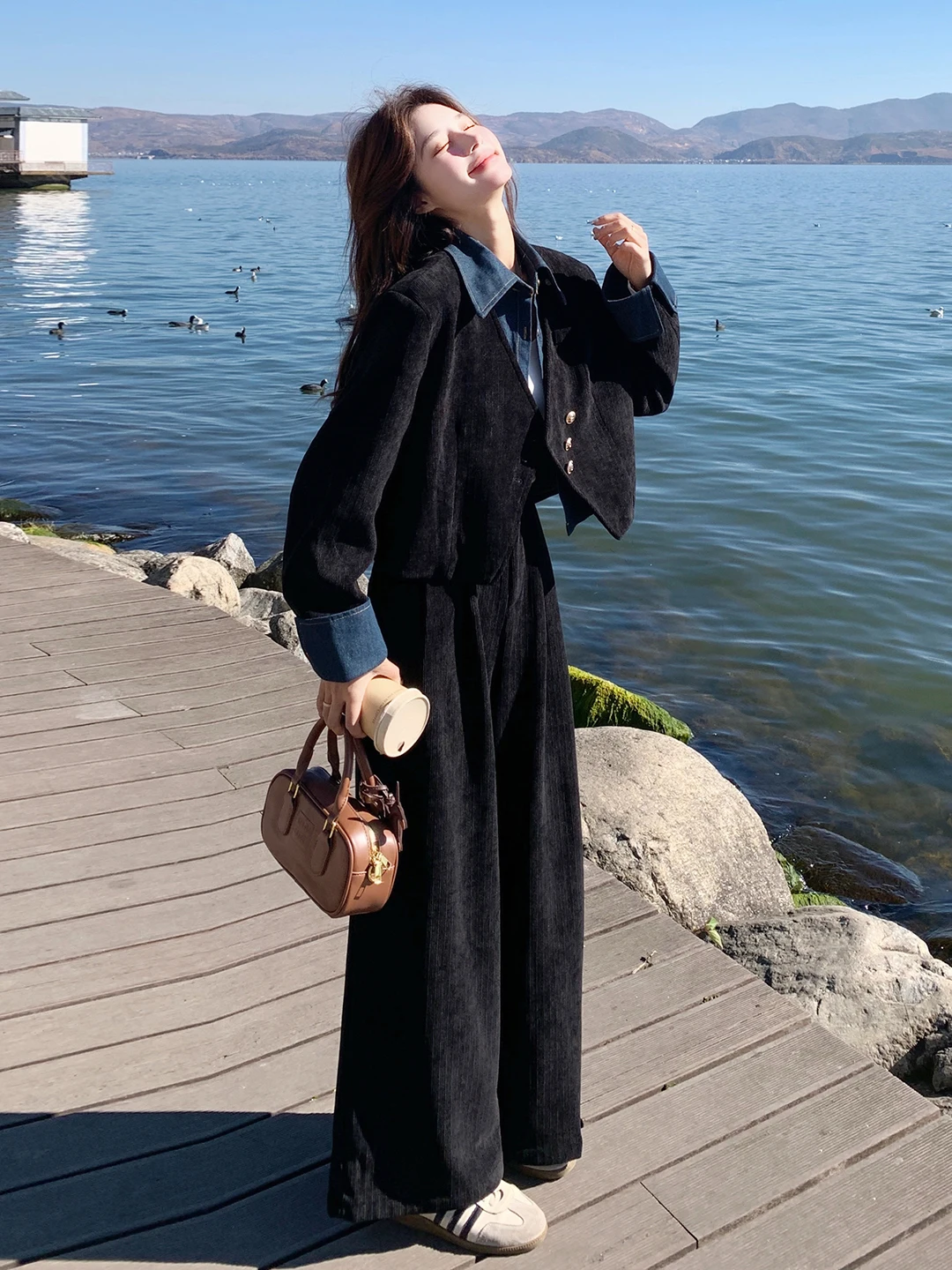 

Retro Patchwork Denim Jacket High Waist Wide Leg Pants Women's Fashion Set Spring Autumn New Style Two-Piece Suit Casual Wear