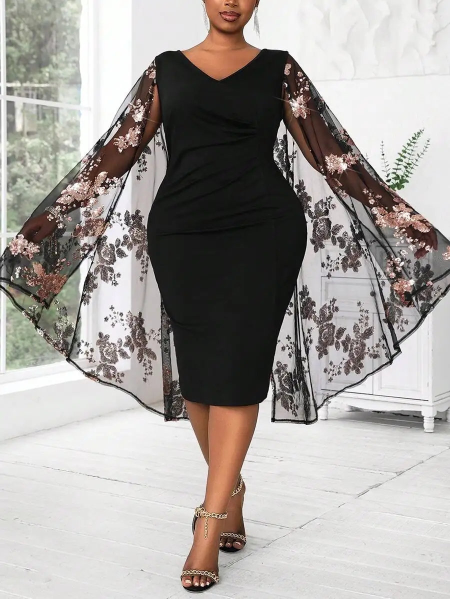 

Elegant Black Sheath Dress With Floral Embroidered Sheer Shawl Sleeve Formal Evening Dress