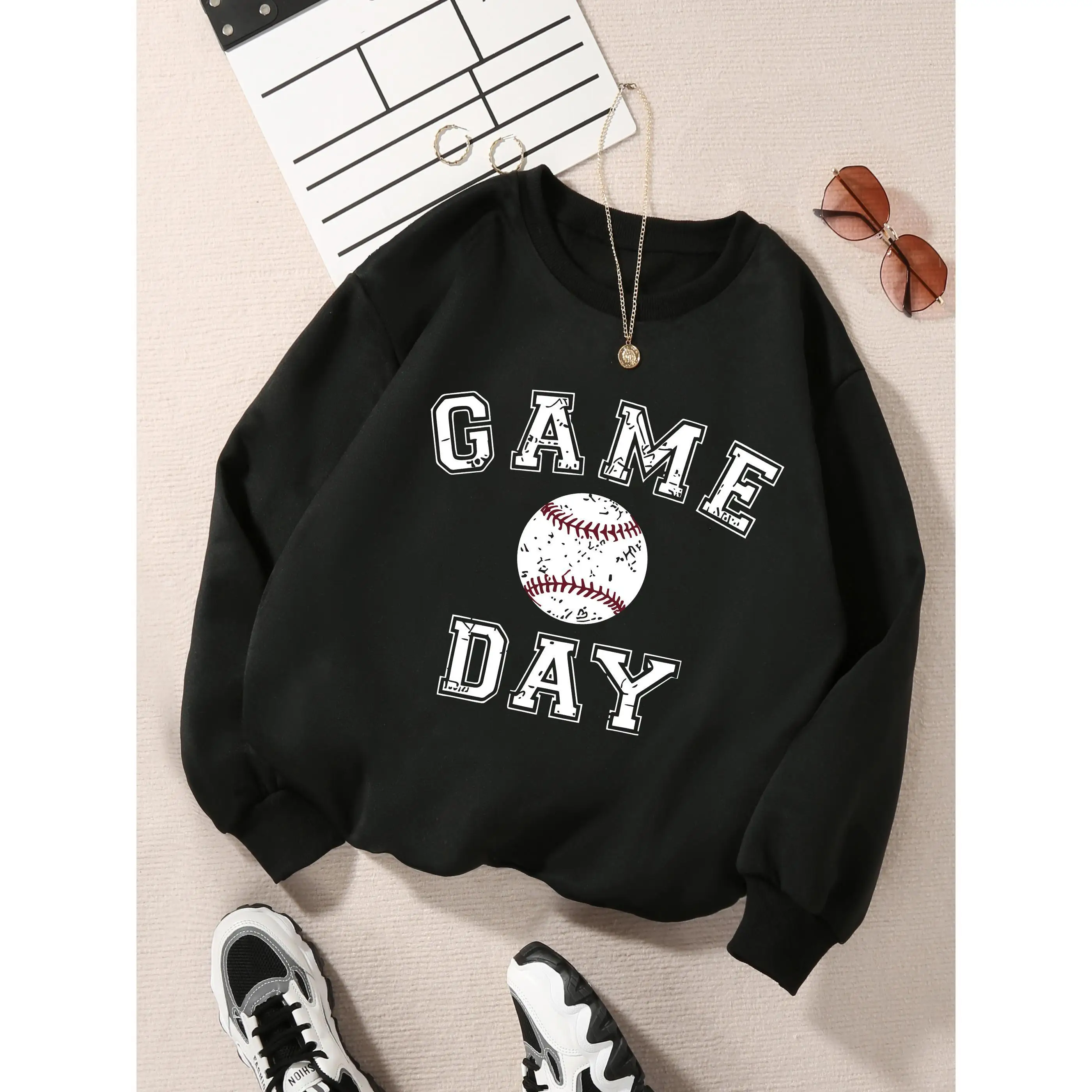 

Women's Baseball Game Day Sweatshirt | Distressed Collegiate Sports Fan Pullover | Casual Team Spirit Gift Jumper