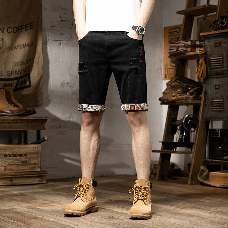 

Denim Shorts Men's Summer Stretch Breathable Trendy Men's Personalized Fashion Embroidered Printed Slim Straight Casual Shorts