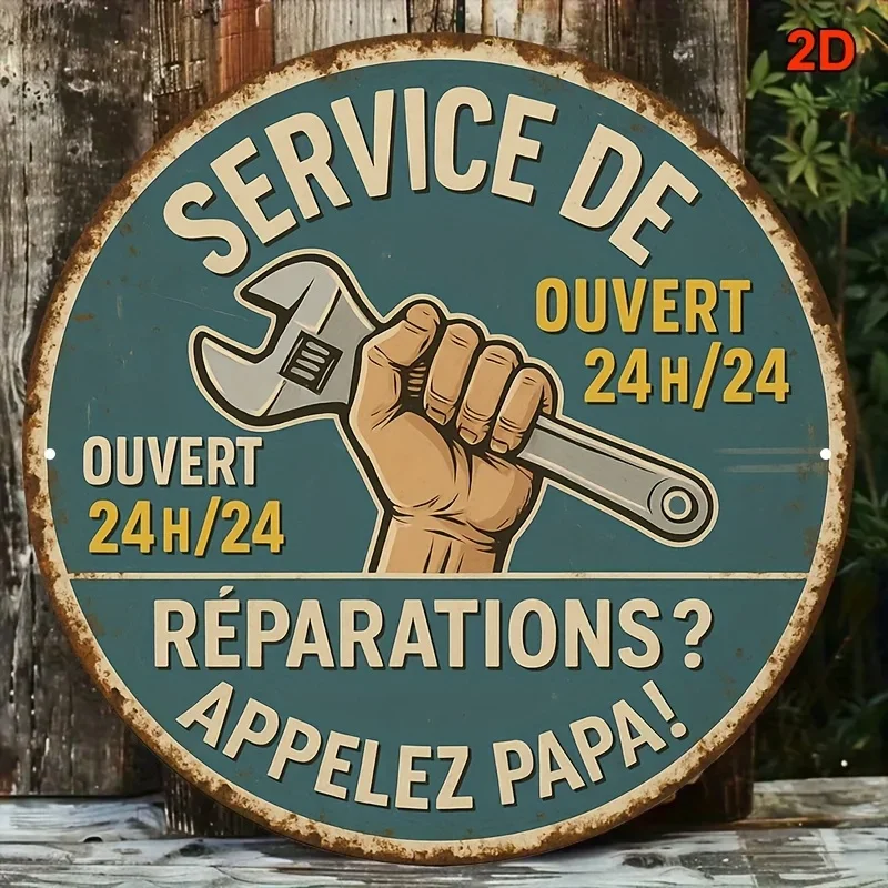 8x8 Inch Round French Vintage Mechanic Wall Sign - Artificial  Blue & White Rustic Garage Decor with Icon (Wrench) - 24/7 Repair
