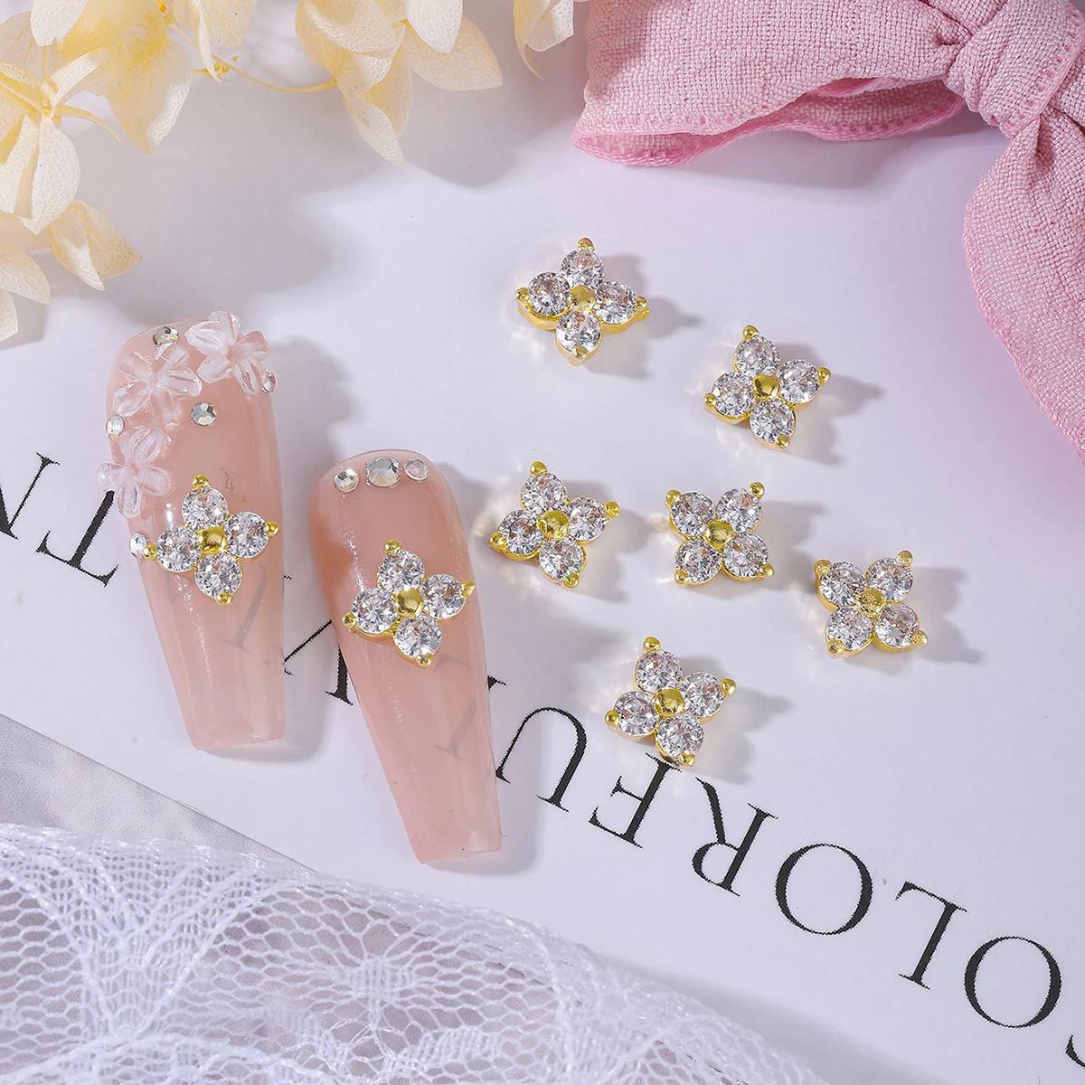 6 pcs Japanese Zircon nail light luxury wind with diamond color four-leaf clover copper with zirconium texture nail decoration