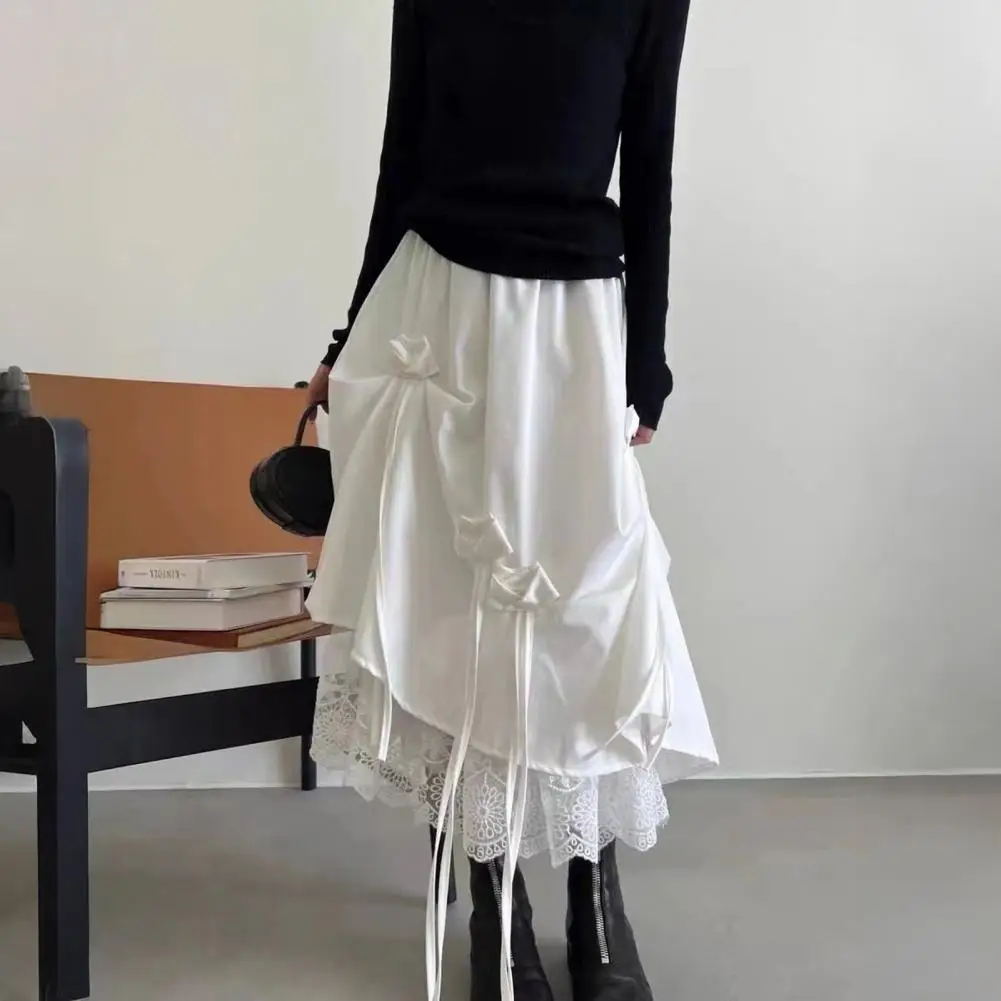 

Women Skirt Elastic High Waist Bowknot Decor Lace Lining Midi Skirt Pure Color Irregular A-Line Breathable Fabric Skirt