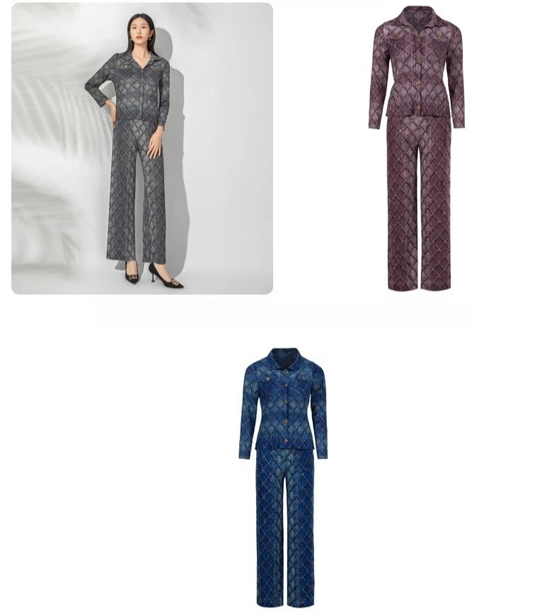 

Miyake Pleated New Fashion Casual Set Gradient Color Long Sleeve Shirt Collar Top High Waist Straight Pants Two Piece Set Pleat