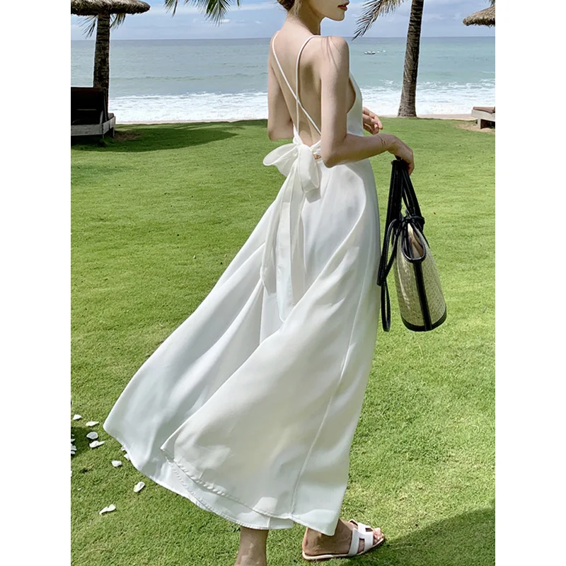 

Beach Vacation Cross Backless Strap Long Draped Satin Dress Women Summer