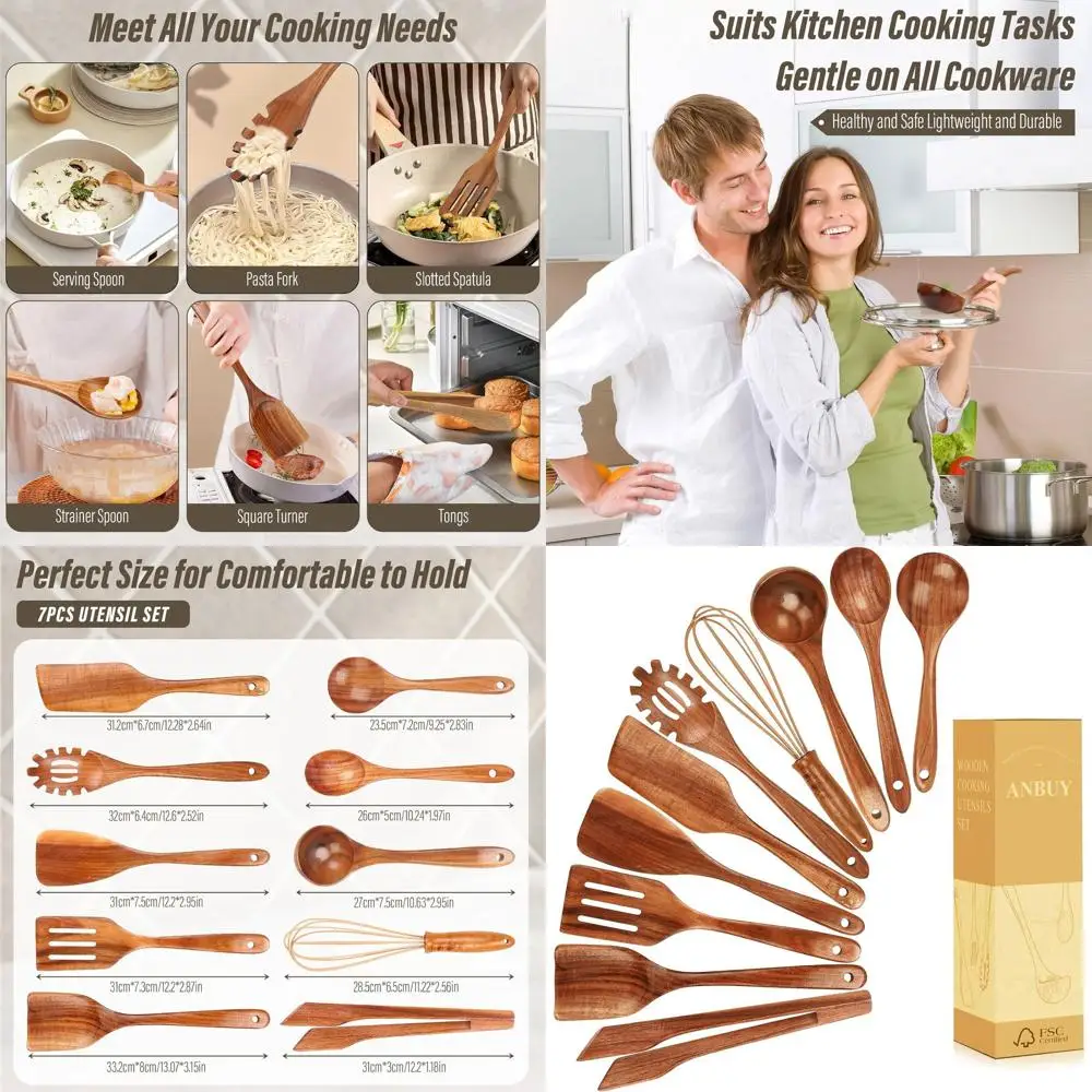 

10-Piece Non-Toxic Teak Wood Cooking Utensil Set: Spatulas, Turners, Ladles, Tongs, Whisks for Serving and Frying