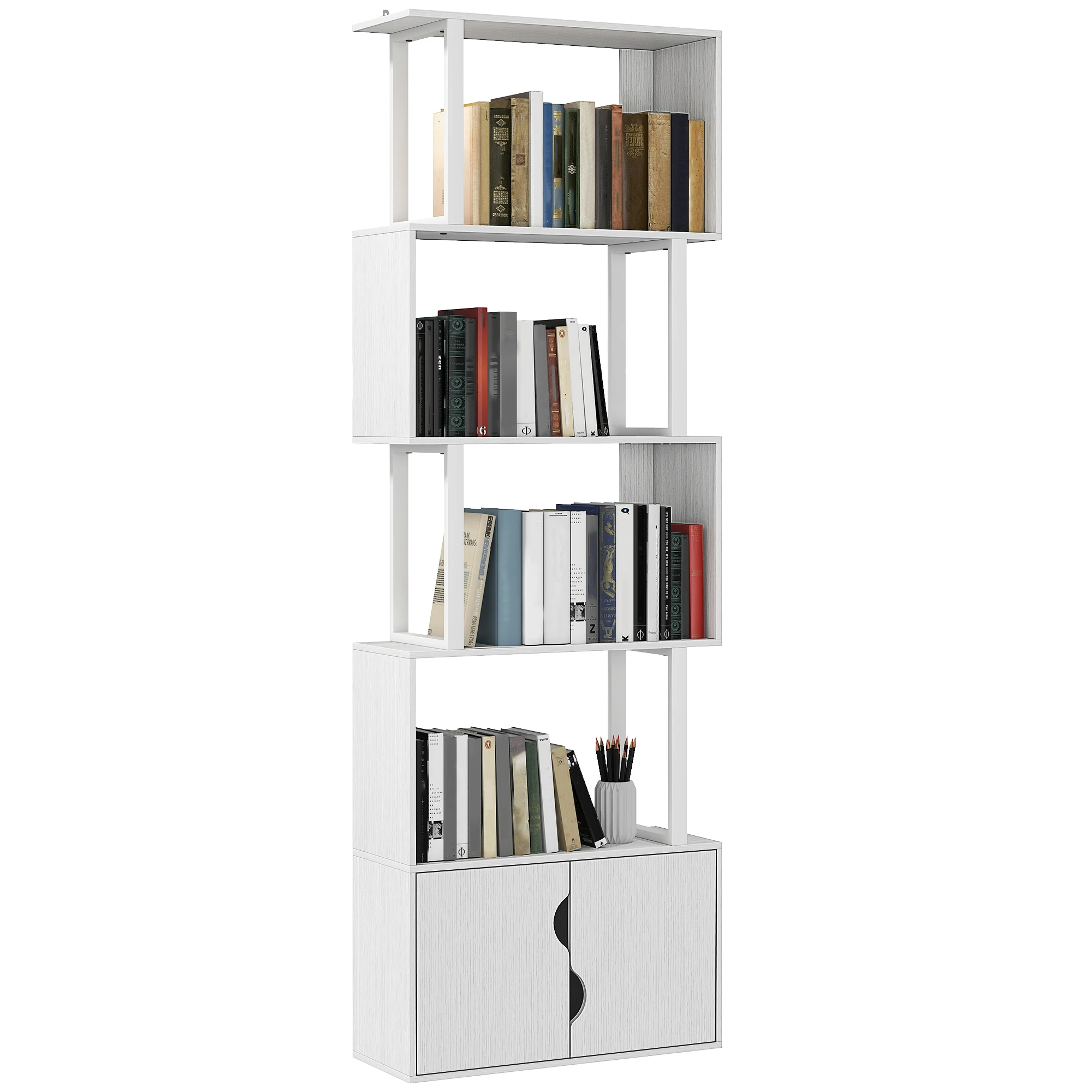 HOMCOM Librería de 5 niveles, unidad de almacenamiento en forma de S con estanterías y armario de doble puerta, estantería de almacenamiento para salón, dormitorio, 60x23,8 x cm, Blanco