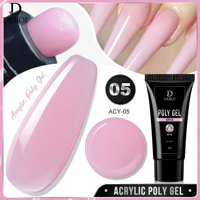 DEROI Crystal Poly Nail Gel Acrylic Natural Pink Semi Permanent UV Liquid Extension Hybrid Varnish Top Coat Buider Nail Gel 30ml