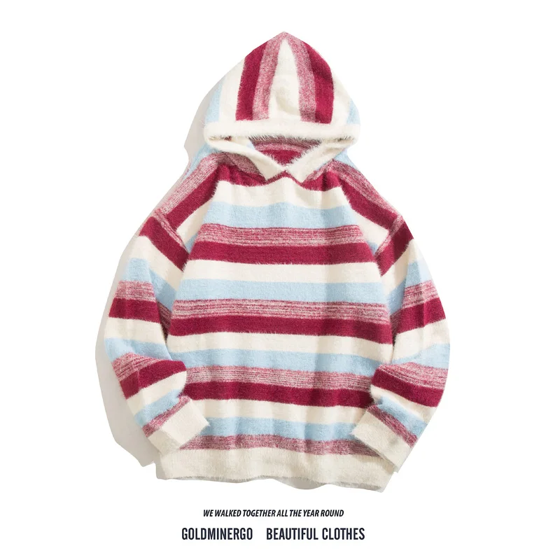 

Autumn Winter American Retro Color Blo Striped Hoodie Knitted Sweater Men's Women's Soft Lazy High End Feeling Overhead Kni...