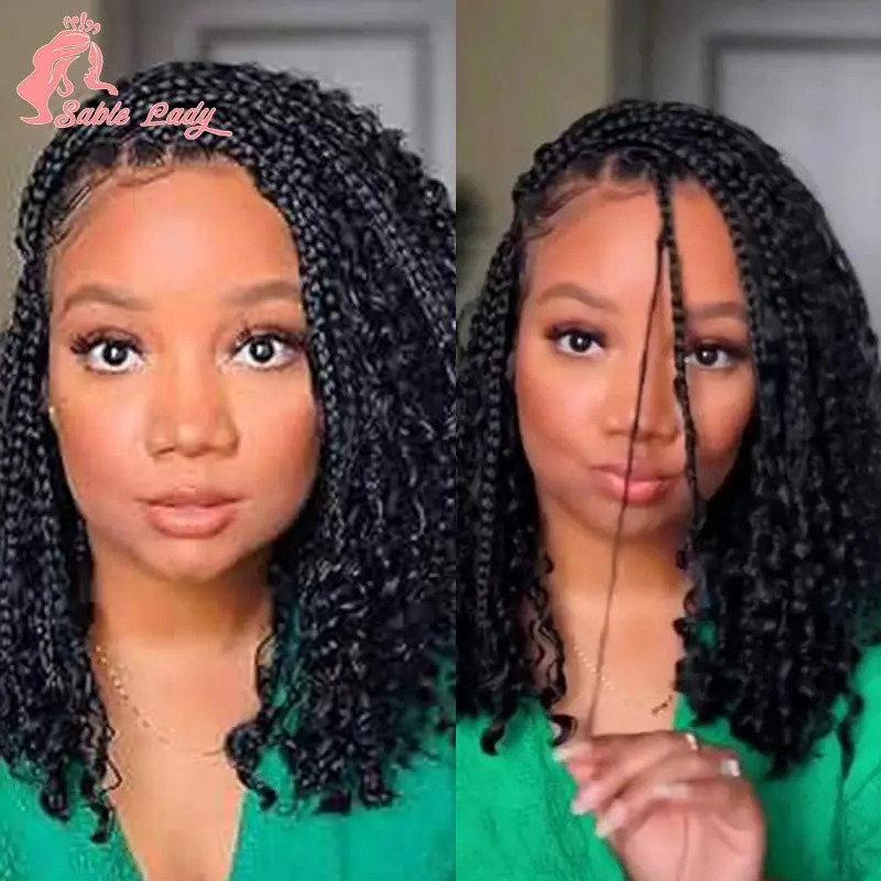 Synthetic 12 Inch Short Boho Braided Wigs Square Part Knotless Box Braids Wig Curly Ends Full Lace Wig Cornrow Bob Wig For Women