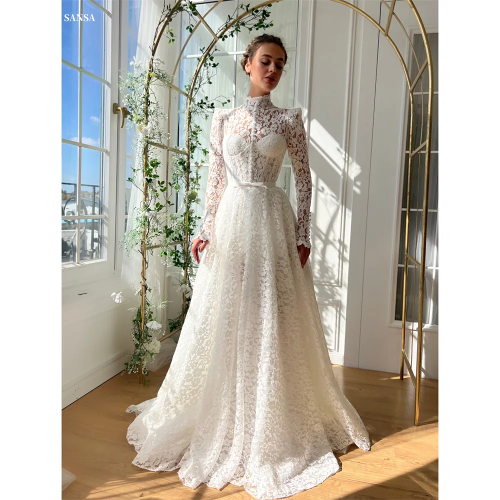 Sansa High Neck Long Sleeve Prom Dress Princess Lace Customized Party Dress Floral Print Floor-Length Cut-out Evening Dresses