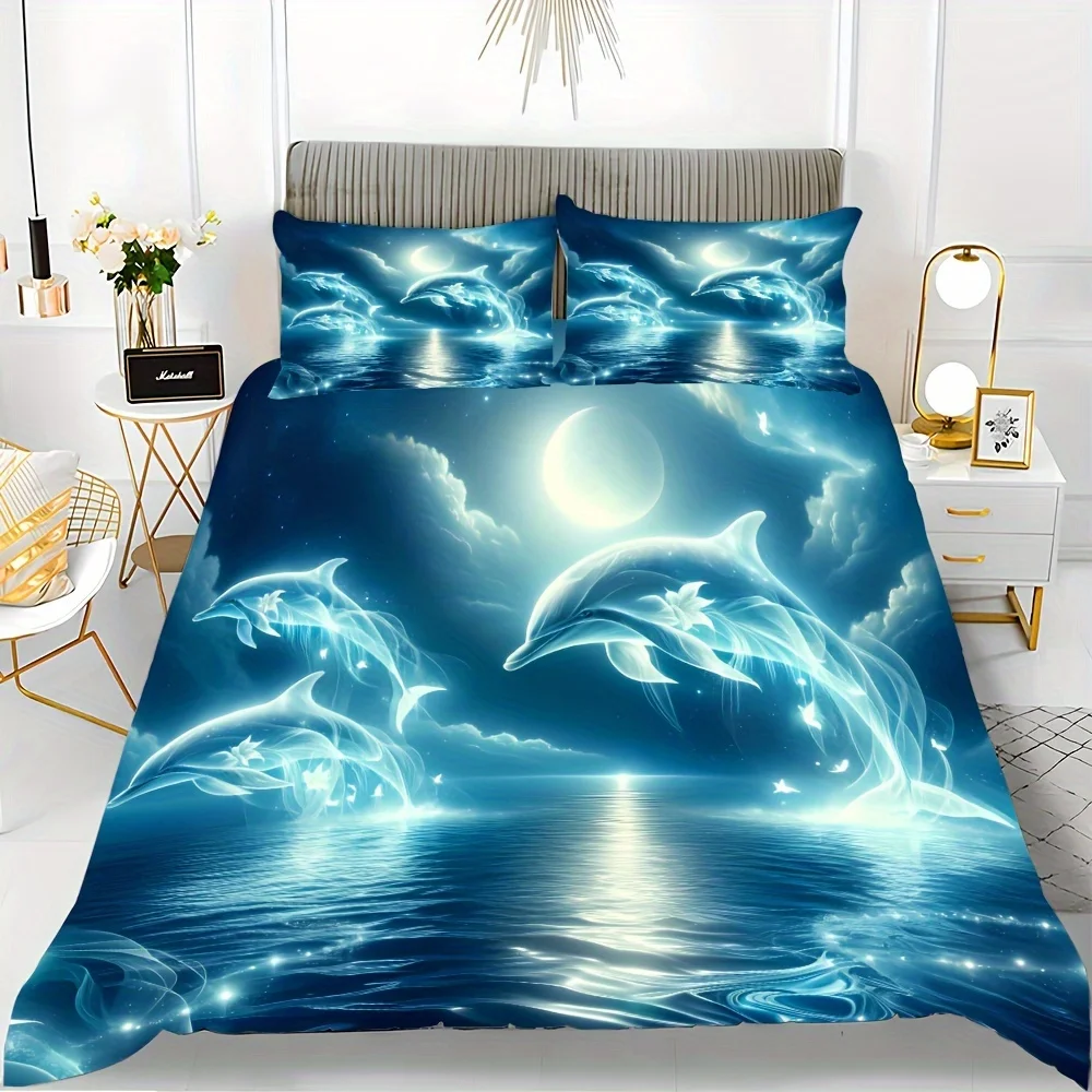 

3pcs Dolphin Duvet Cover Set, Super Cute Animal Print Dolphins Quilt Cover With Pillowcase, Comfortable Breathable Bedding Set