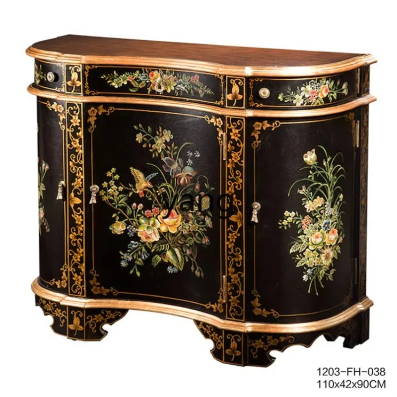 LLMM   French retro black luxury bamboo shape hand-painted flower and bird villa foyer solid wood entrance cabinet