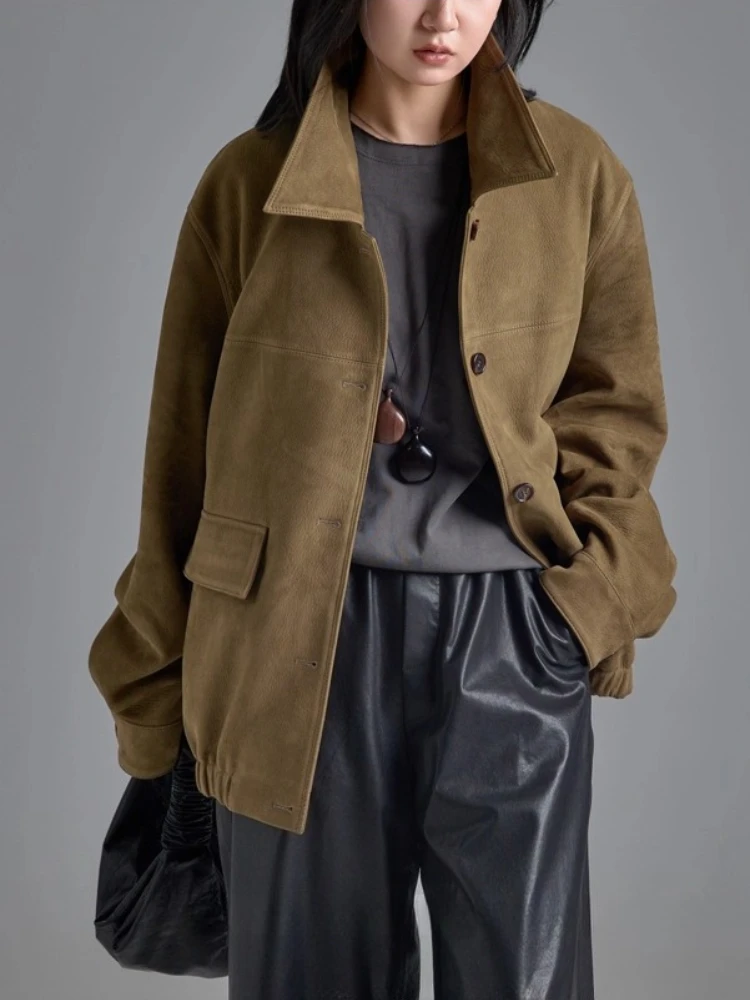 سترة كلاسيكية من الجلد الطبيعي للنساء لخريف وشتاء الراقية بسيطة واحدة الصدر من جلد الماعز الحقيقي