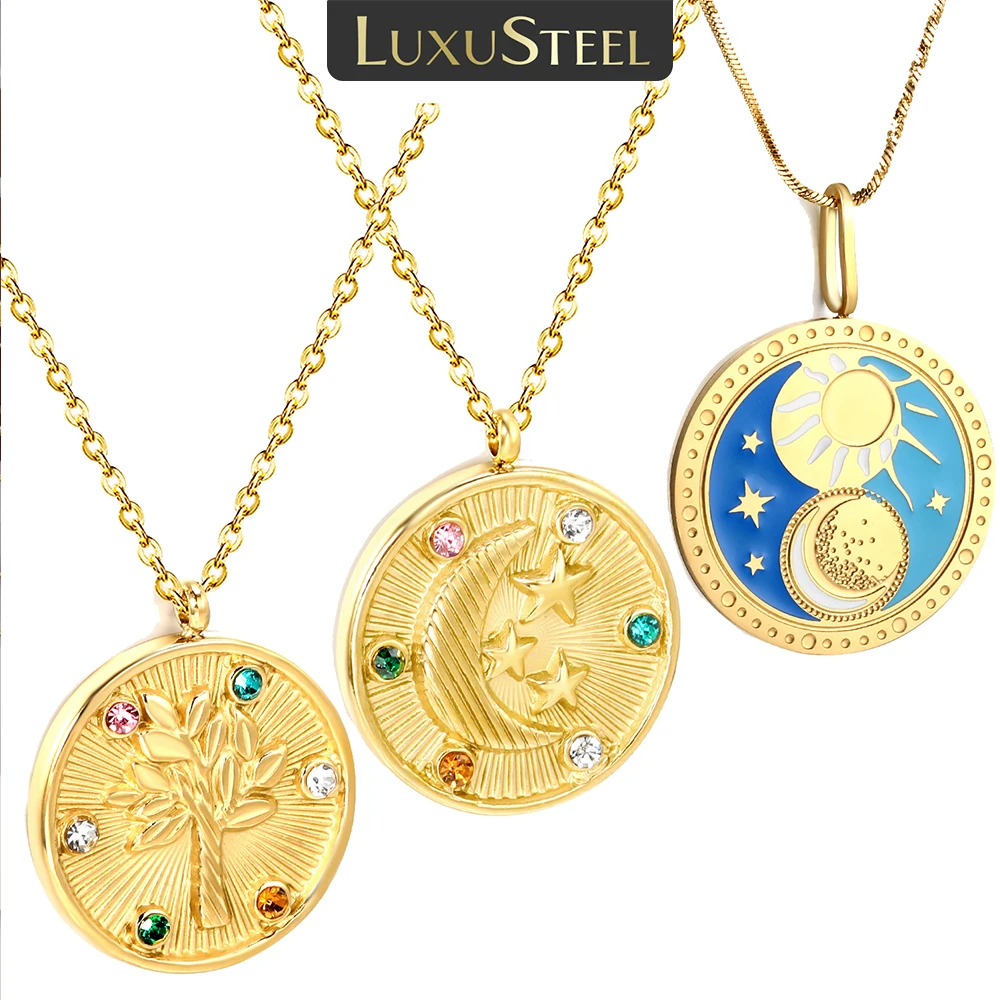 LUXUSTEEL Boho Colorful Sun Moon Tree Pendant Necklace for Women Men Round Stainless Steel Chain Charm of Justice Strength