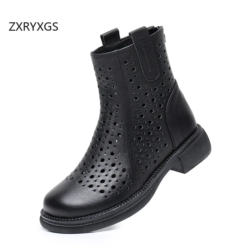 ZXRYXGS Top Layer Cowhide in-tube Hollow Boots 2026 Large Size Spring Summer Boots Breathable Sandals Women Fashion Cool Boots