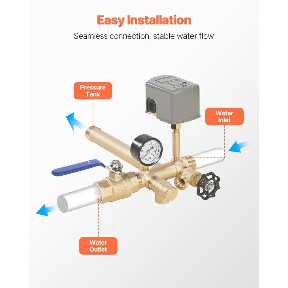 1 Inch 11 Well Pressure Tank Tee Kit with 40 to 60 PSI Pressure Switch and 1 Inch Gate