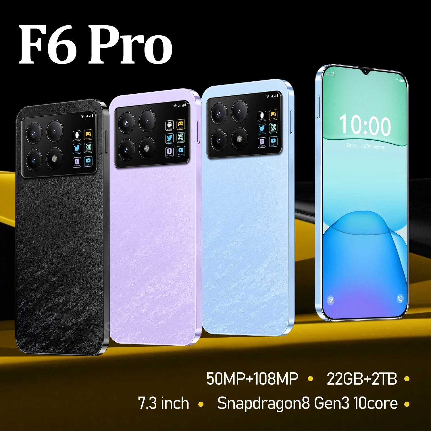 F6 Pro 5G Global Version 7.3HD Screen 22G + 2T 7000Mah Android14 Cellulare Dual Sim Face Unlocked Mobile Phone 108MP Cell Phone