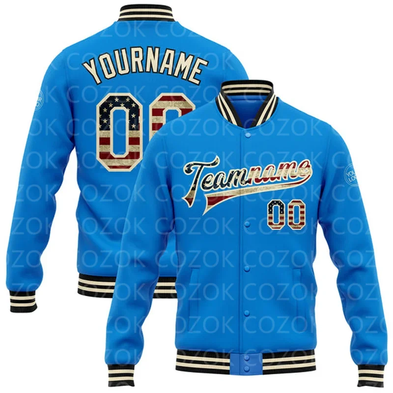 Custom Brilliant blue pink 3D Printed Baseball Button Jacket Bomber Full-Snap Varsity Letterman Jacket