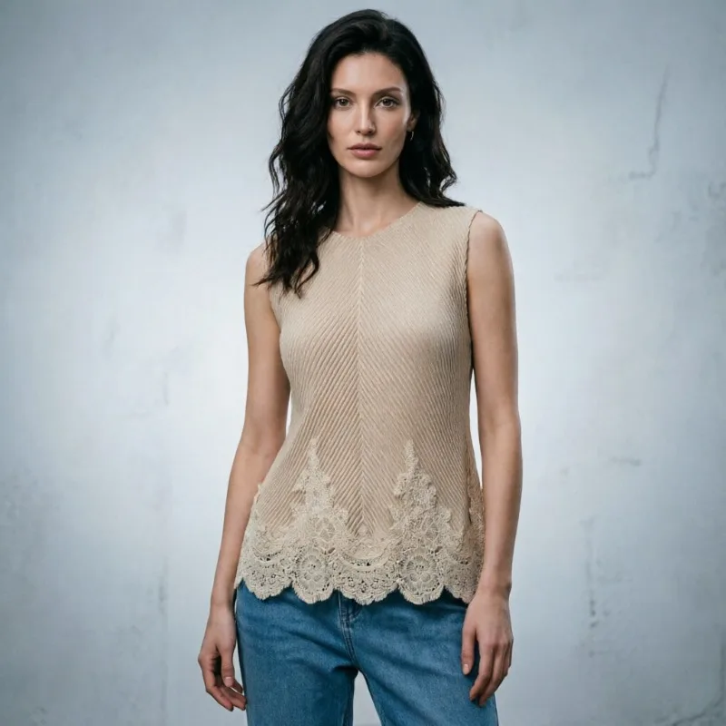 Miyake Pleated T-Shirt 2026 Spring Summer Round Neck Top Women Lace Trim Solid Sleeveless New Versatile Slimming Sun Protection