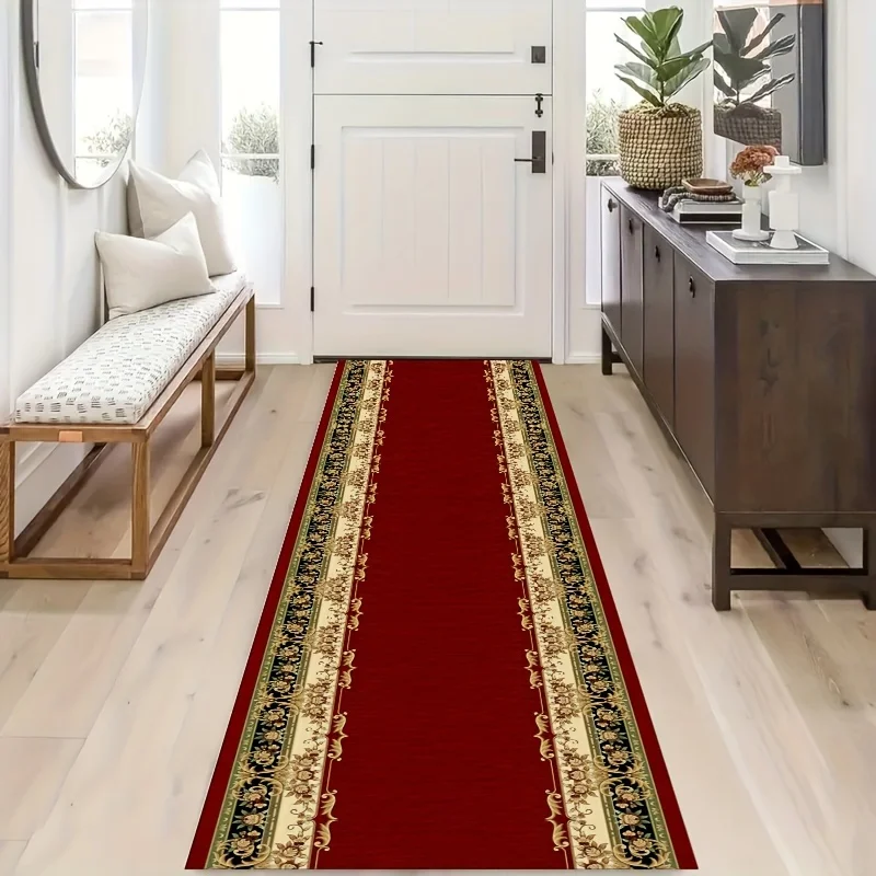 Thick Red Vintage European Style Hallway Mat Runner Rugs Red Bohemian Corridor Mat Long Strip Mat for Living Room Bedroom Home