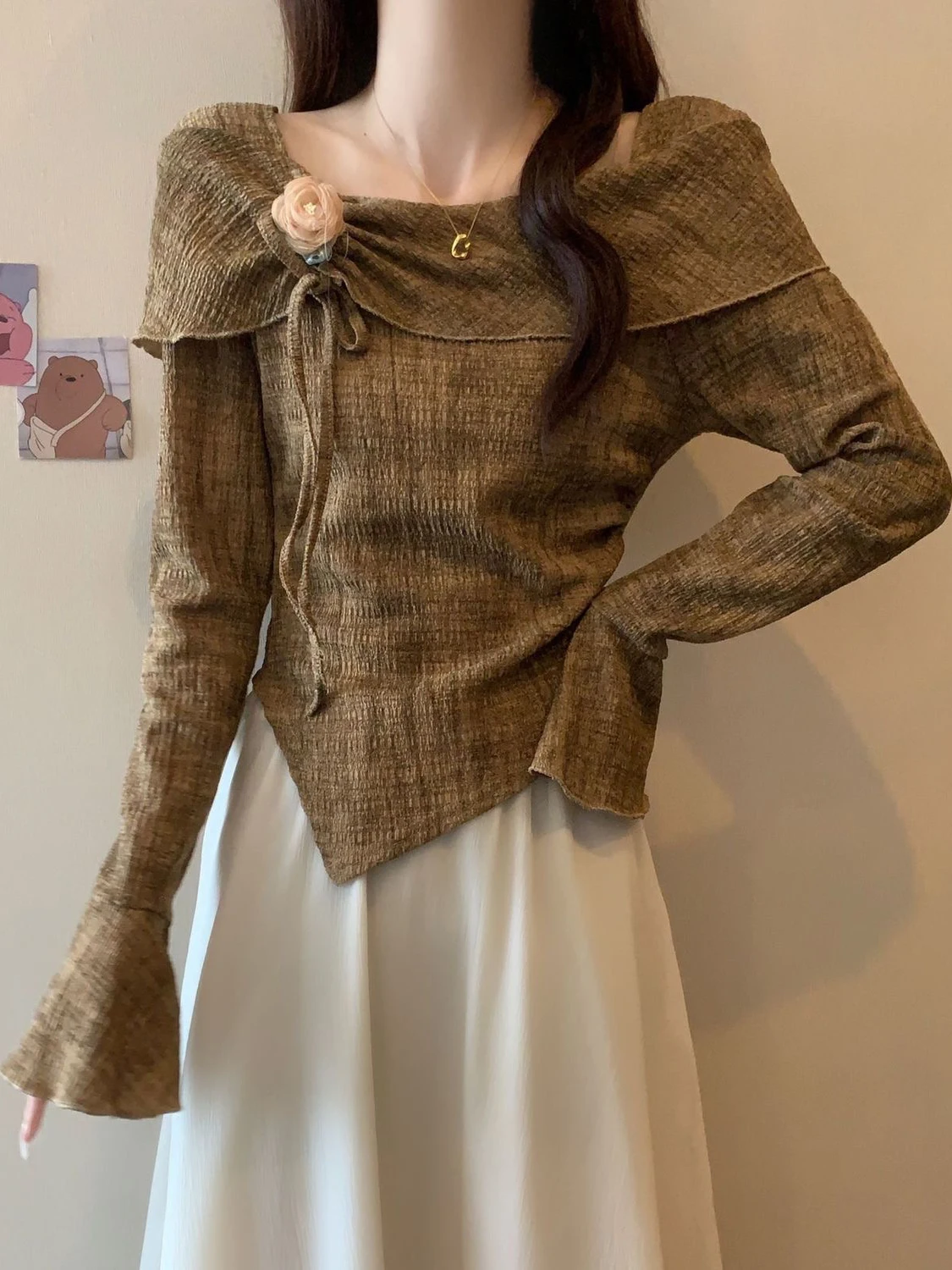 

Chic Asymmetric Long Sve T-irt plus Size Women's Faionable oulder Bared Top Breathable Polyester Spring Autumn Wear