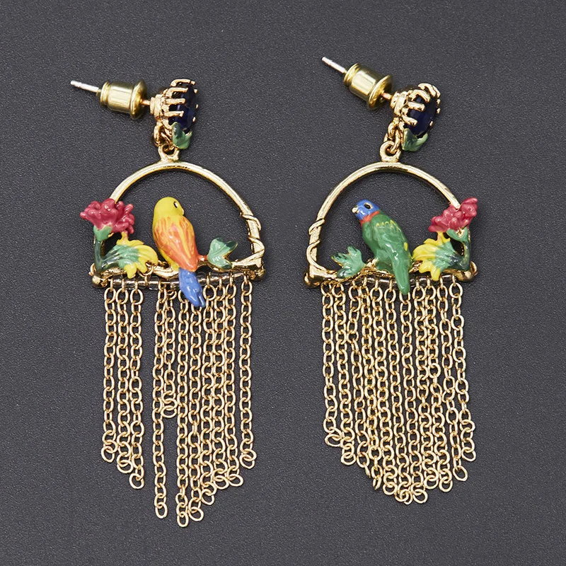 Fashion Temperament Sapphire Enamel Yellow Green Parrot Tassel Long Earrings 925 Sterling Silver Needle Accessories for Women