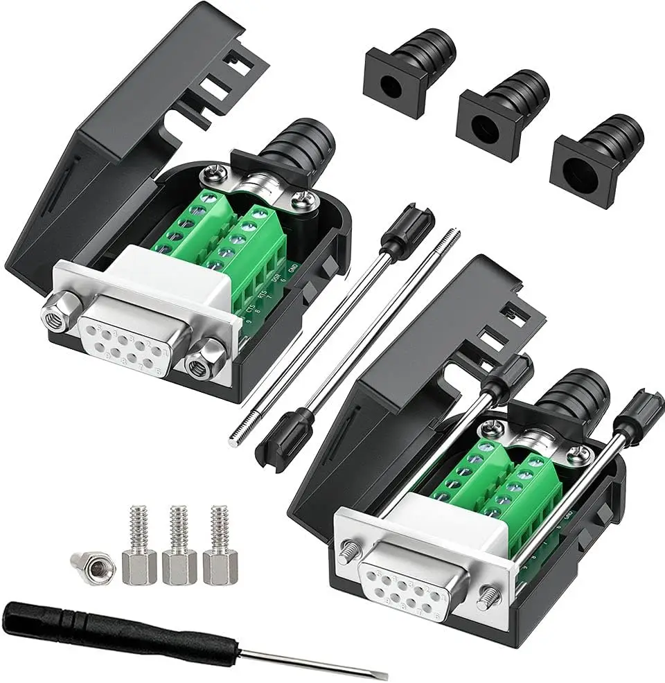 DB9 Solderless Connector 2PCS Female, DB9 Breakout Connector RS232 D-SUB Serial to 9pin Port Terminal with Case