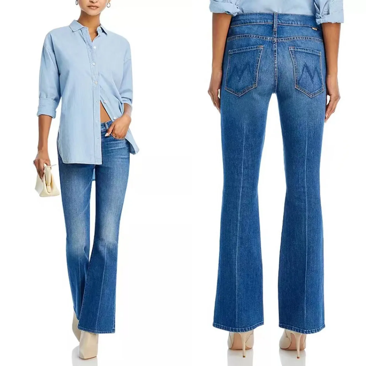 High-quality Mo 2024 New Blue High Waist Quality Mid Line Slim Fit Micro Flared Female Denim Pants