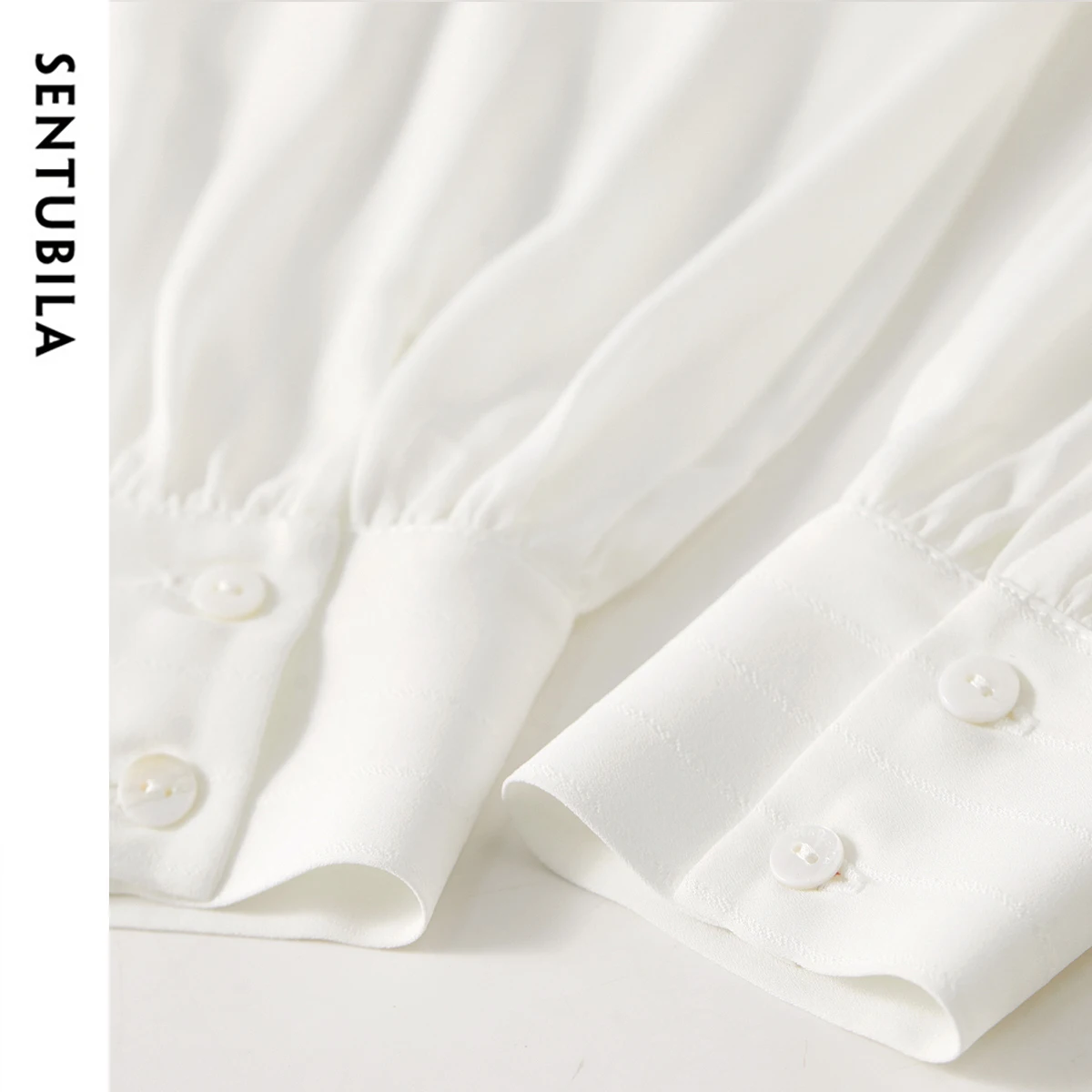 SENTUBILA Fashion White Shirt For Women 2025 Spring New Hanging Butterfly Ribbon V-Neck Chiffon Shirt Commuting Tops 151V57849