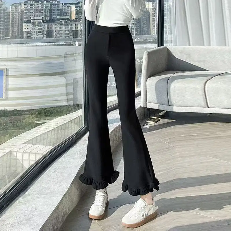 Black Casual Pants with Lace Trim Nine-Tenths Flared Thin Model Women's Summer Small Size Wood Ear Micro Flare Pants