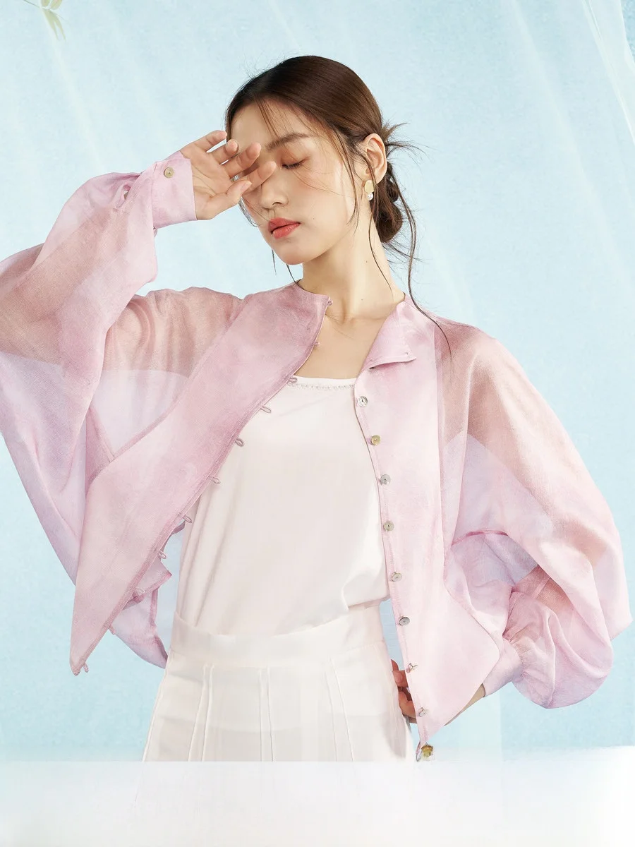 

Оригинальный дизайн, шелковая льняная рубашка, женская новая китайская летняя рубашка с защитой от солнца, легкая, дышащая, универсальная, свободного кроя