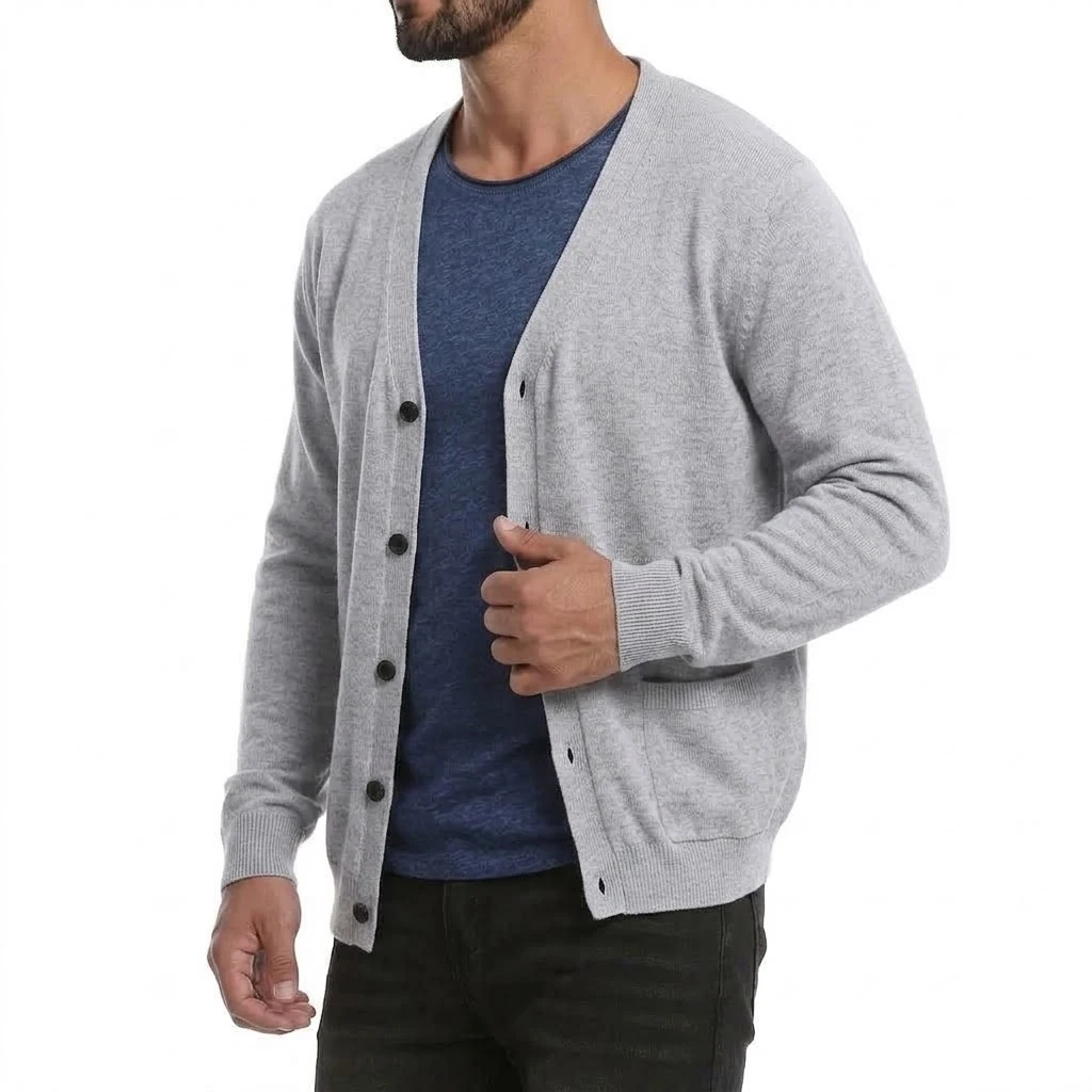 Neuer Herren-Cardigan mit langen Ärmeln, Knopfleiste, V-Ausschnitt, Strickware, lässiger Pullover, einfarbig, leichte Oberbekleidung mit Taschen. – Detail 10