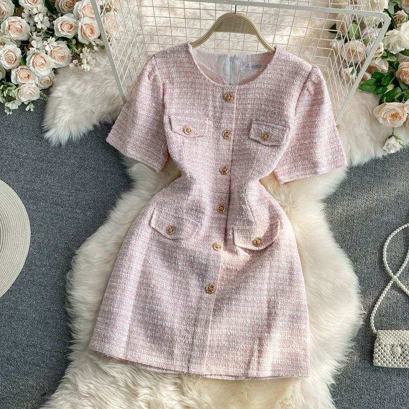 2021 summer Korean version of the new ladies round neck single-breasted small fragrance elegant tweed short-sleeved dress trend