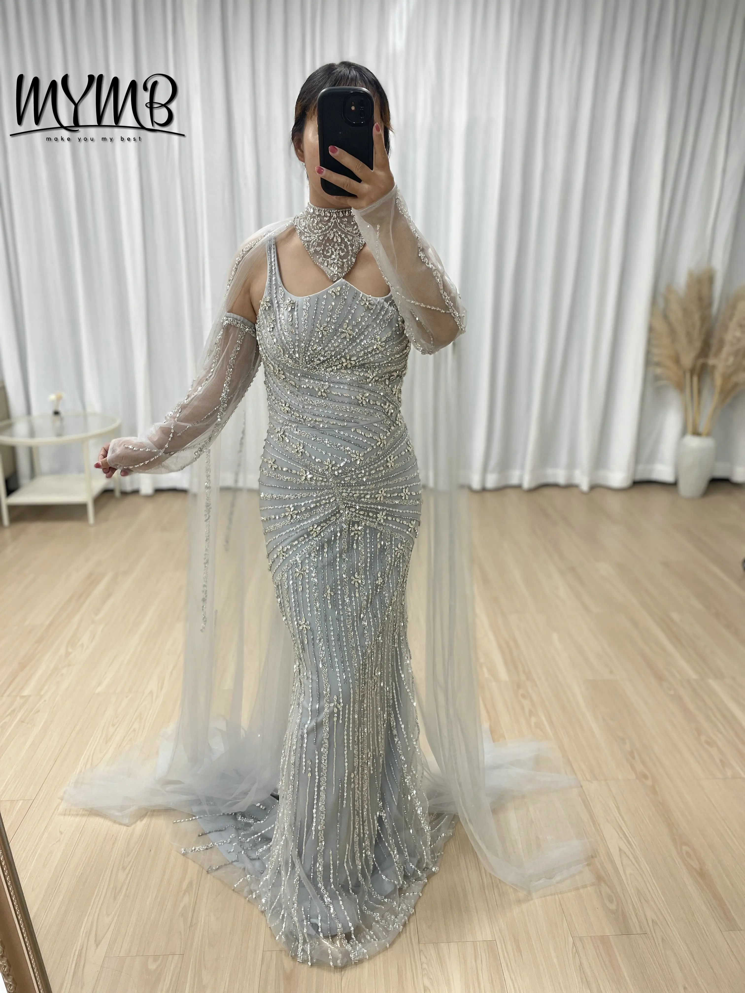 MYMB Luxury Silver Prom Gown for Women With Cape Sleeve Sparkle Heavy Halter Neck Handmade Beading Mermaid Wedding Dress MB40420