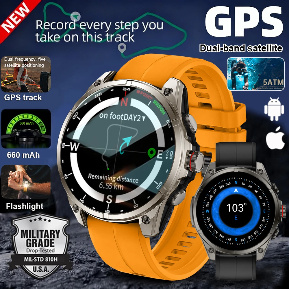 

New Military Outdoor Sports Smartwatch Men GPS trackr 3ATM Flashlight 1.43" HD Display Screen Bluetooth Call Fitness Smart Watch