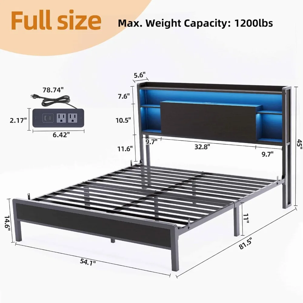 Full Size Bed Frame with LED Lights and Charging Station, Super Large Storage Space, Heavy Duty Metal Platform Bed