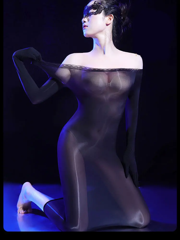 Abiti lunghi trasparenti trasparenti ultra sottili sexy a tubino Abiti tubolari con spalle scoperte in pizzo Guanti a cinque dita Abito alla moda