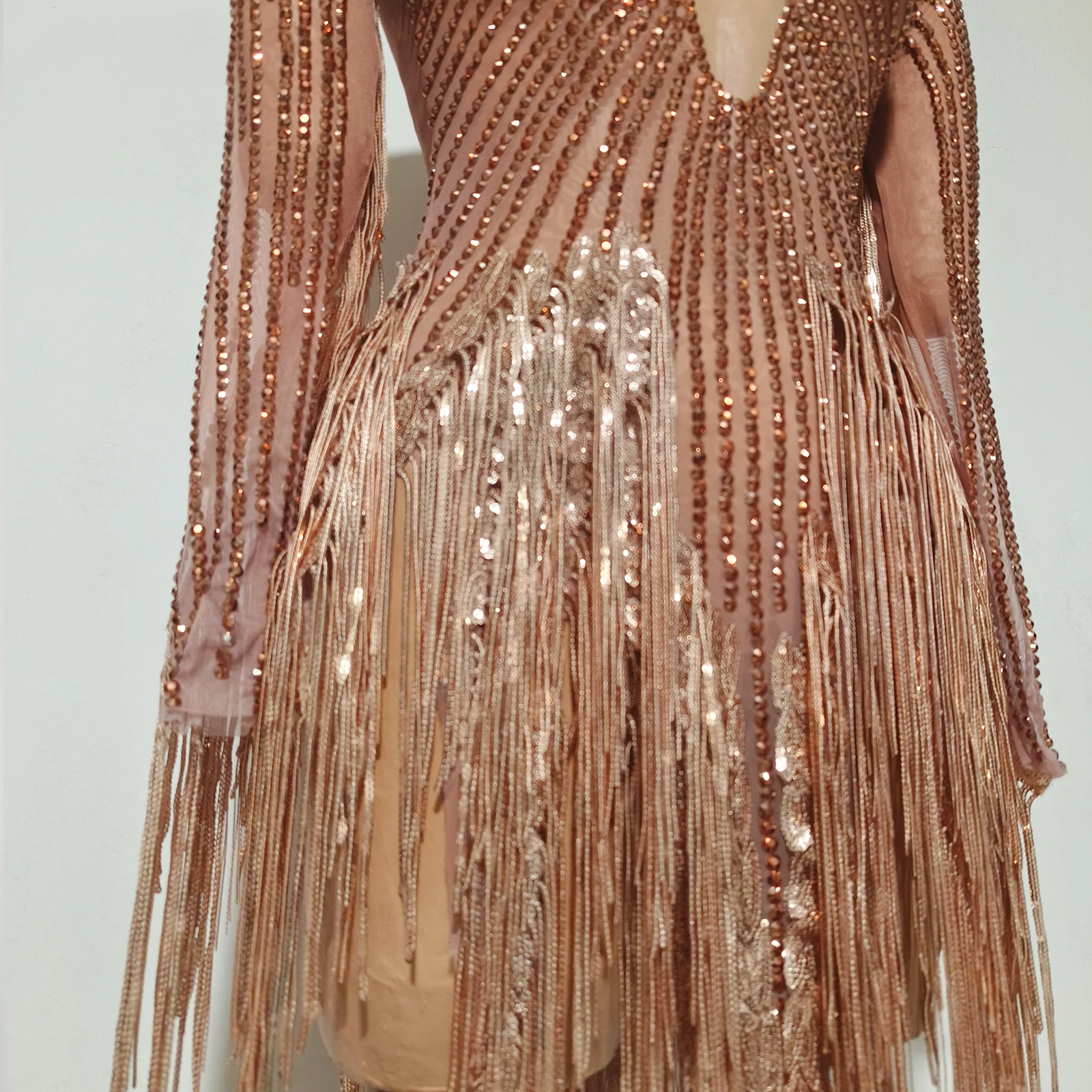 New Golden Rhinestones Sequins Tassels Long Sleeve Mesh See Through Bodycon Mid-calf Dress Birthday Fashion Celebrate Stage Wear
