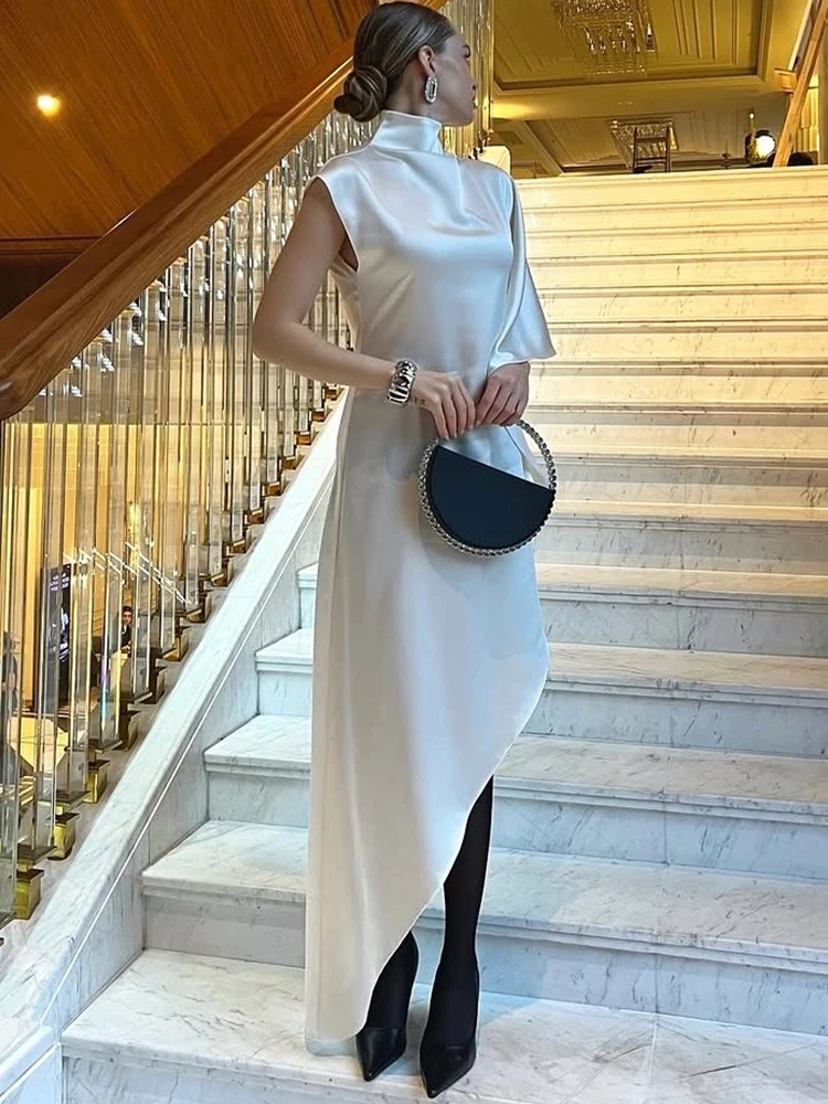 Elegancka satynowa sukienka maxi Oniflyme z nieregularnym dołem, damska moda, golf, rękawy typu peleryna, luźna odzież uliczna, codzienne sukienki na imprezę, Vestido