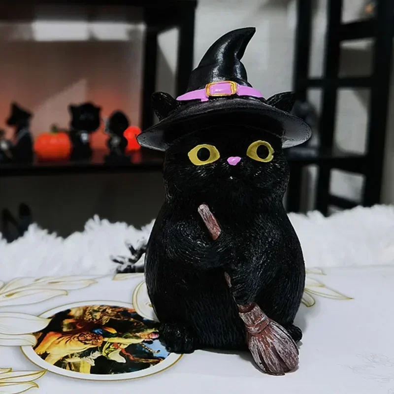 Resin Flying Broom Black Cat Magician Statues Magic Craft Desktop Cute Halloween Home Interior Decoration Accessories